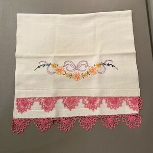 Handmade Tea Towel Pink Crochet Trim Floral Embroidery Fabric Crafts Sewing New